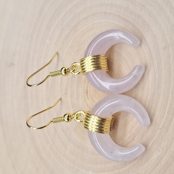 Rose Quartz Crystal Crescent Moon Earrings | Half Moon Jewelry - Picture 2 of 3
